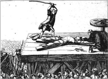 Le supplice de la roue: Un condamné recevant des coups de barres, destinés àa lui briser les membres, avant d'être laissé pour mort sur une roue. « Les images de la justice dans l’estampe, de 1750 à 1789 ».